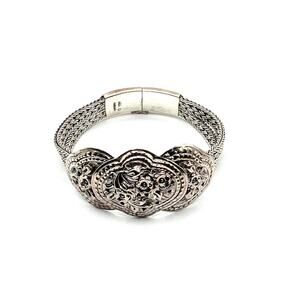 Bracelet Sterling Silver 925 Ornate Flower Motif - Woven Sterling Band